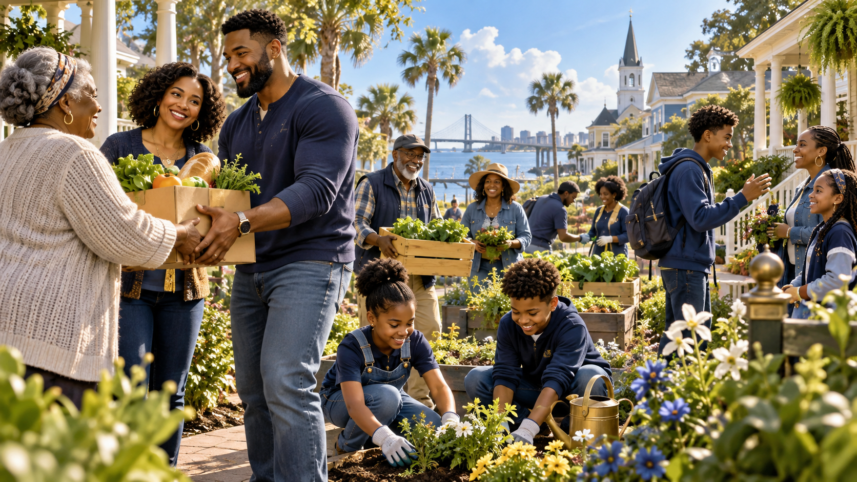 A thriving family serving with neighbors in a Gulf Coast community garden