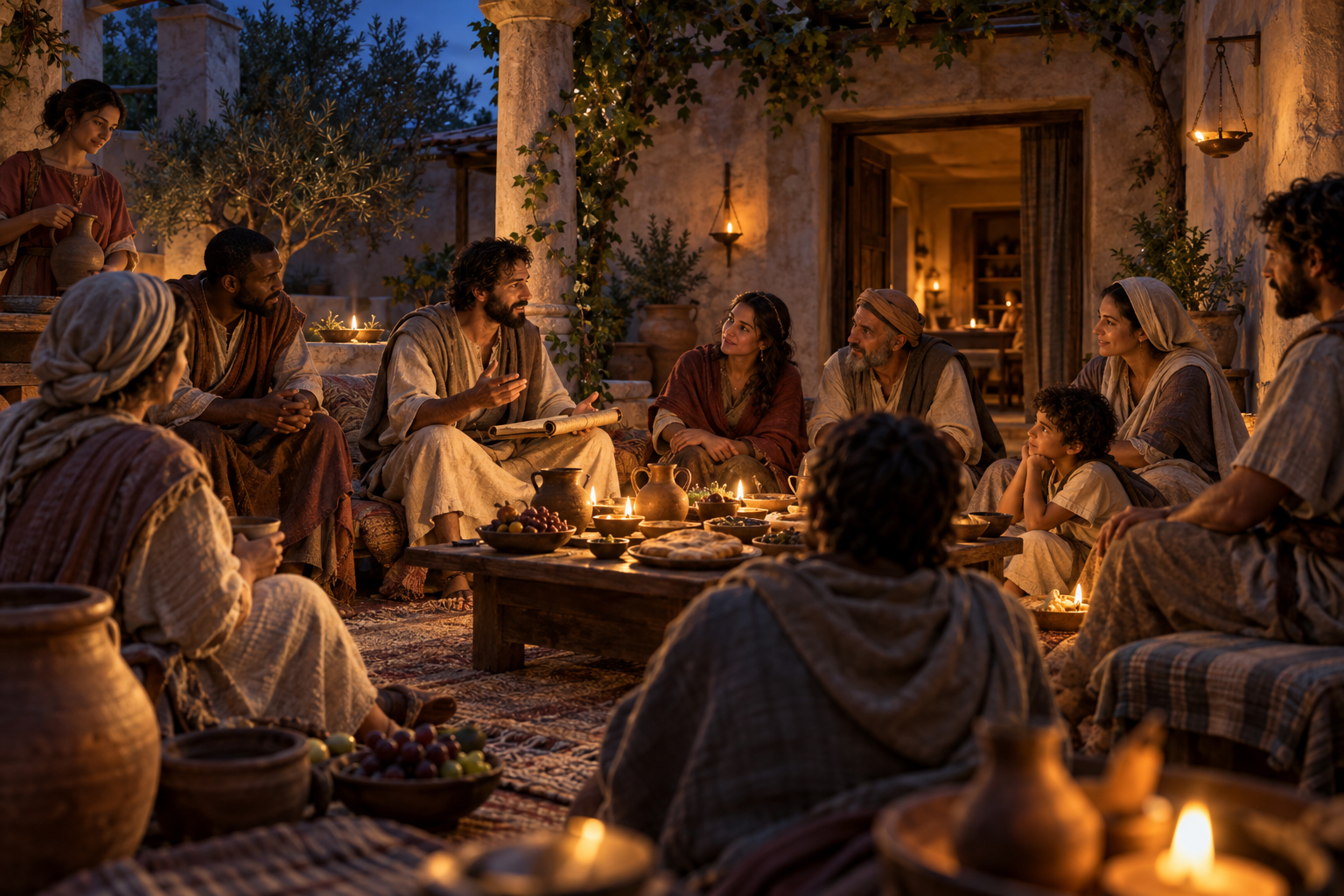 Historical visualization of first-century Christians learning and sharing a meal in a home courtyard