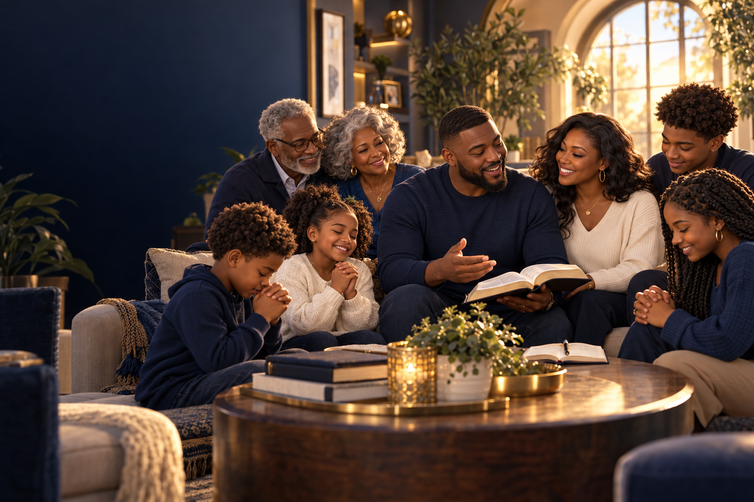 A joyful multigenerational Black family gathered around an open Bible in their living room